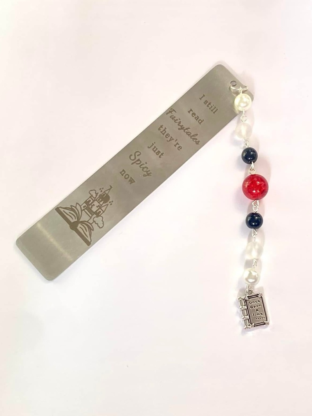Hand Crafted silver metal bookmark with red, navy, white beads